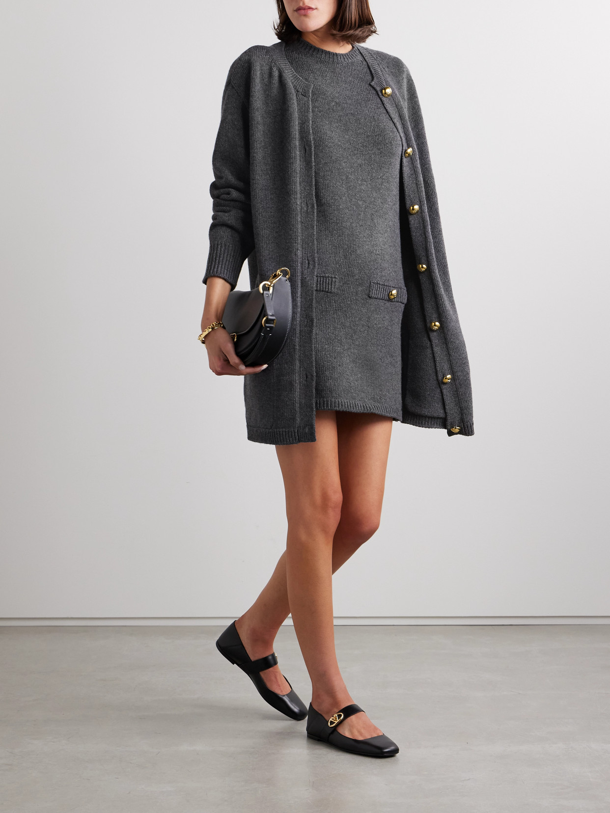 Valentino Button-embellished Wool Mini Dress In Gray