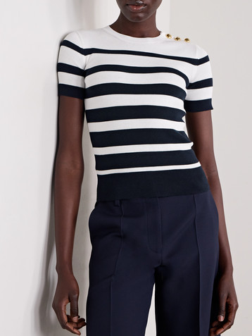 Valentino Garavani Embellished striped ribbed cotton sweater