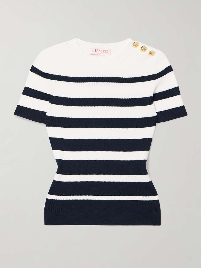 Valentino Garavani Embellished Striped Ribbed Cotton Sweater
