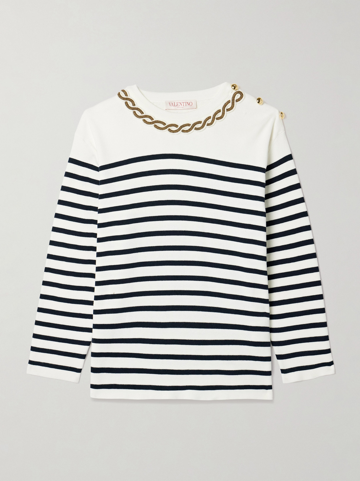 Valentino Garavani - Embellished Striped Ribbed Cotton Sweater - Blue