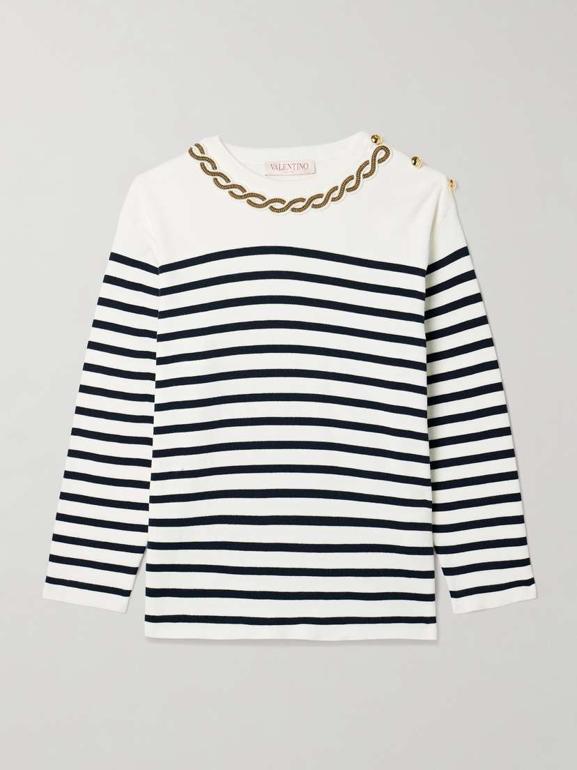 Valentino Garavani Embellished Striped Ribbed Cotton Sweater