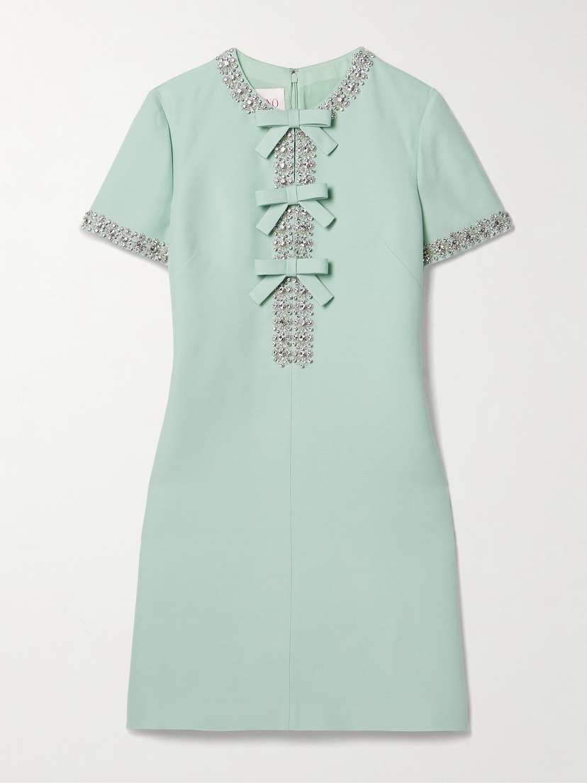 Valentino Garavani Bow-detailed Embellished Wool And Silk-blend Crepe Mini Dress - IT36