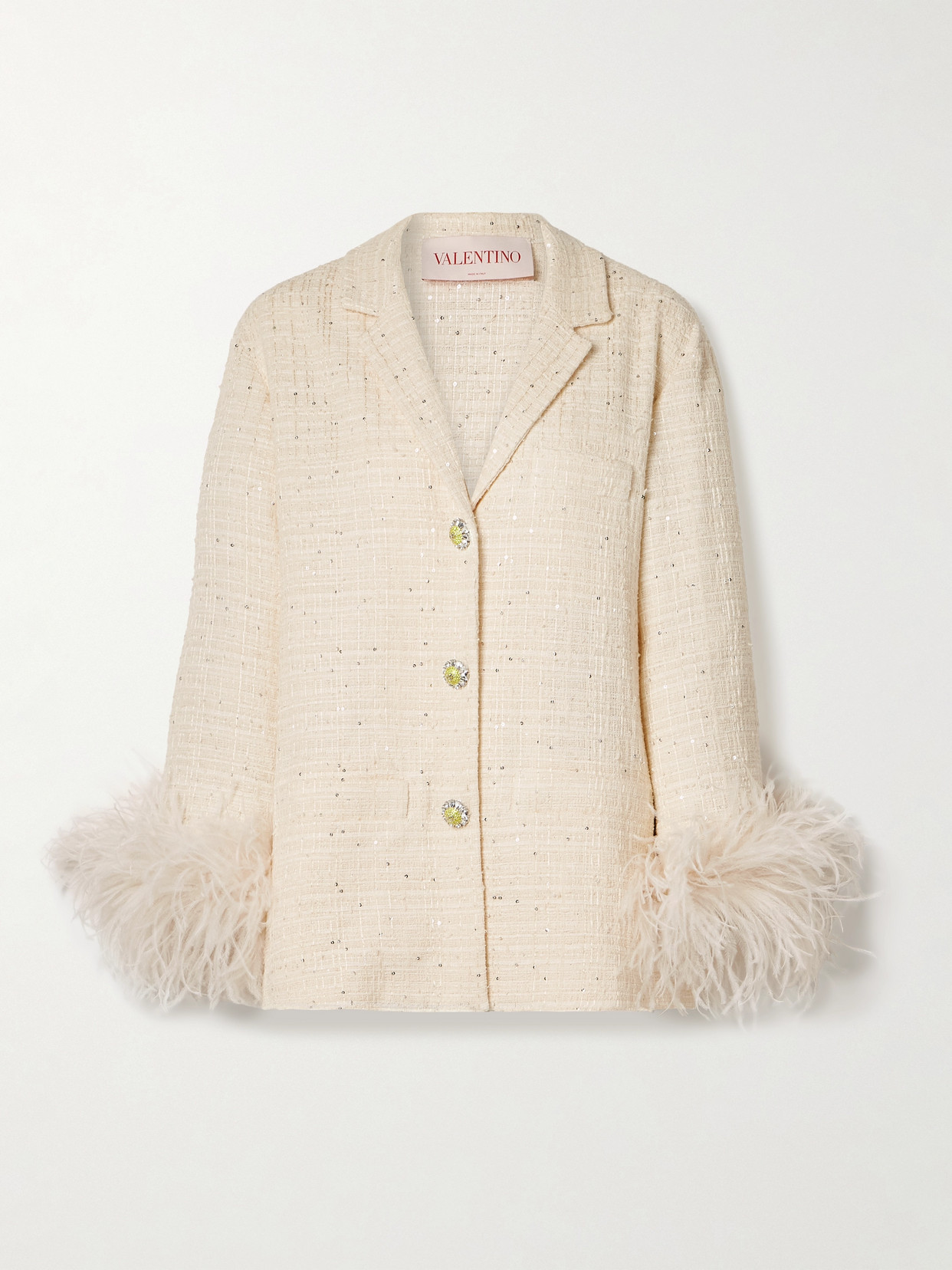 Valentino Feather-trimmed Embellished Cotton-blend Bouclé-tweed Blazer In Cream