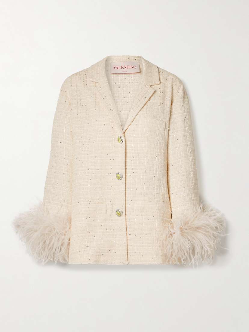 Valentino Garavani Feather-trimmed Embellished Cotton-blend Bouclé-tweed Blazer