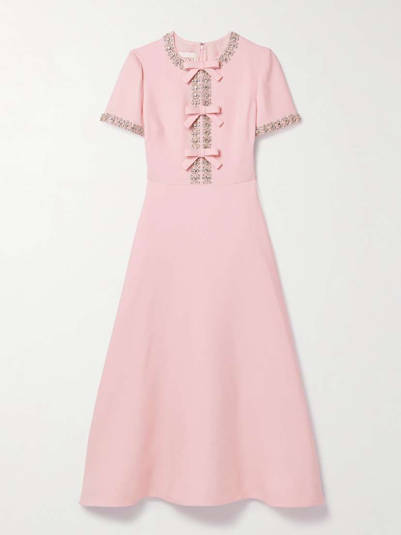 Valentino Garavani Bow-detailed Embellished Wool And Silk-blend Crepe Midi Dress