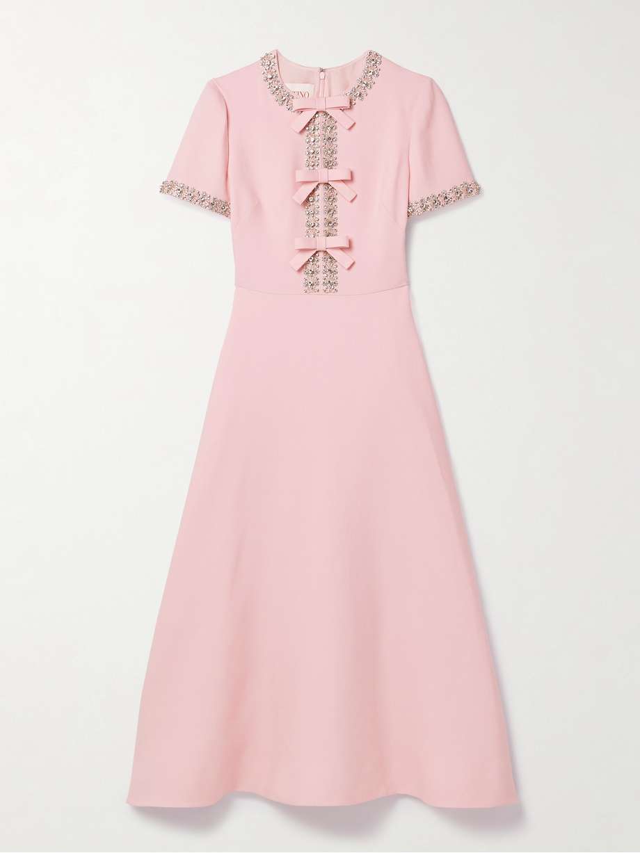 bow-detailed embellished wool and silk-blend crepe midi dress