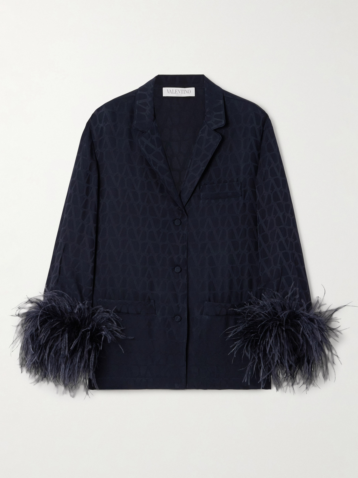 Valentino Garavani - Feather-trimmed Silk Satin-jacquard Shirt - Blue