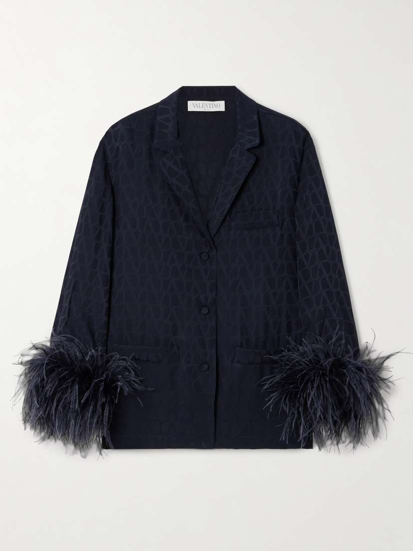 Valentino Garavani Feather-trimmed Silk Satin-jacquard Shirt