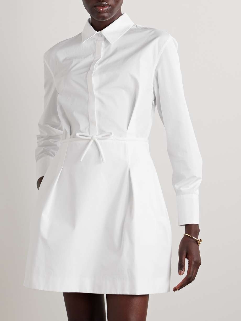 bow-detailed pleated cotton-poplin mini shirt dress