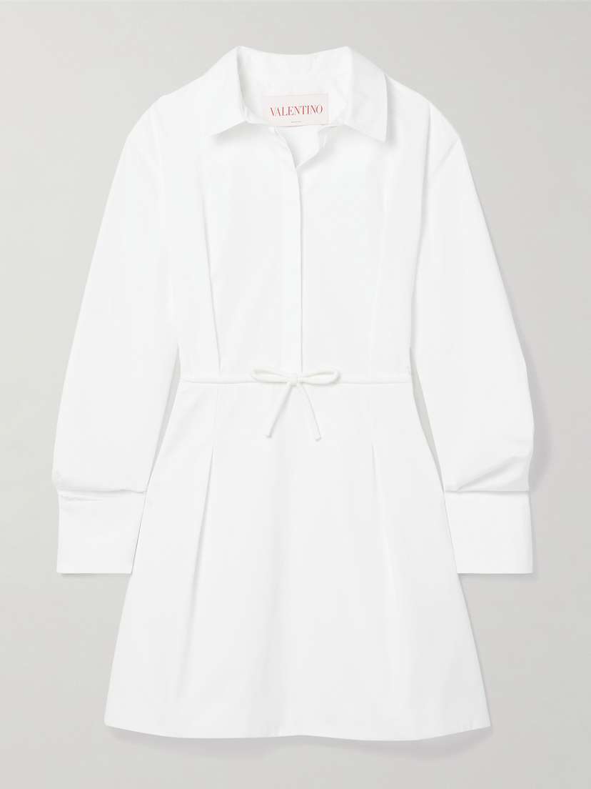 Valentino Garavani Bow-detailed Pleated Cotton-poplin Mini Shirt Dress