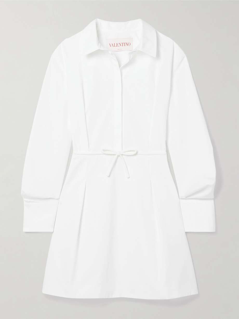 bow-detailed pleated cotton-poplin mini shirt dress