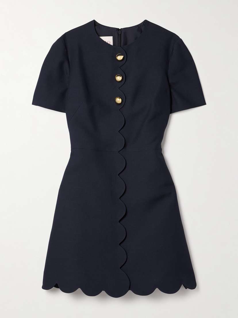 Valentino Garavani Button-embellished Scalloped Wool And Silk-blend Crepe Mini Dress