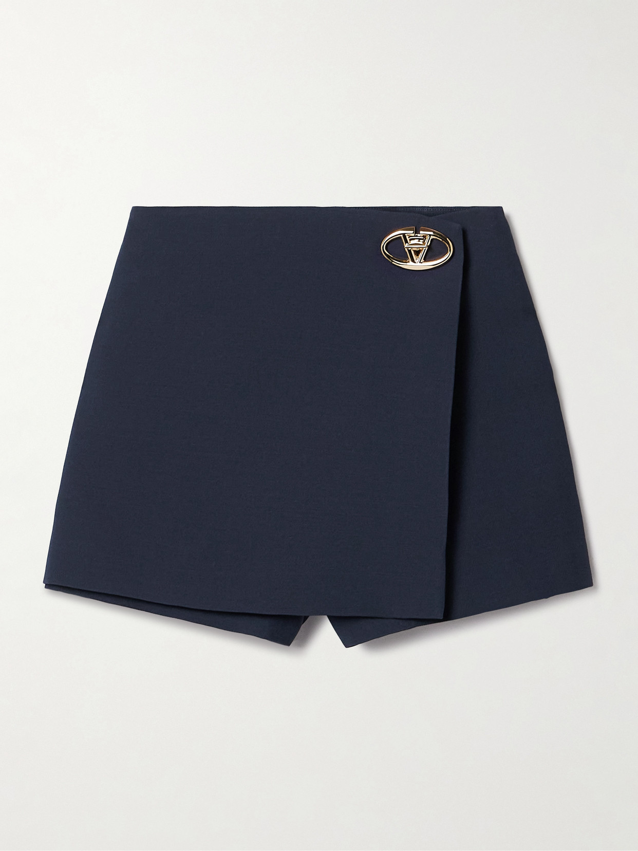 Valentino Embellished Wrap-effect Wool And Silk-blend Mini Skirt In Blue