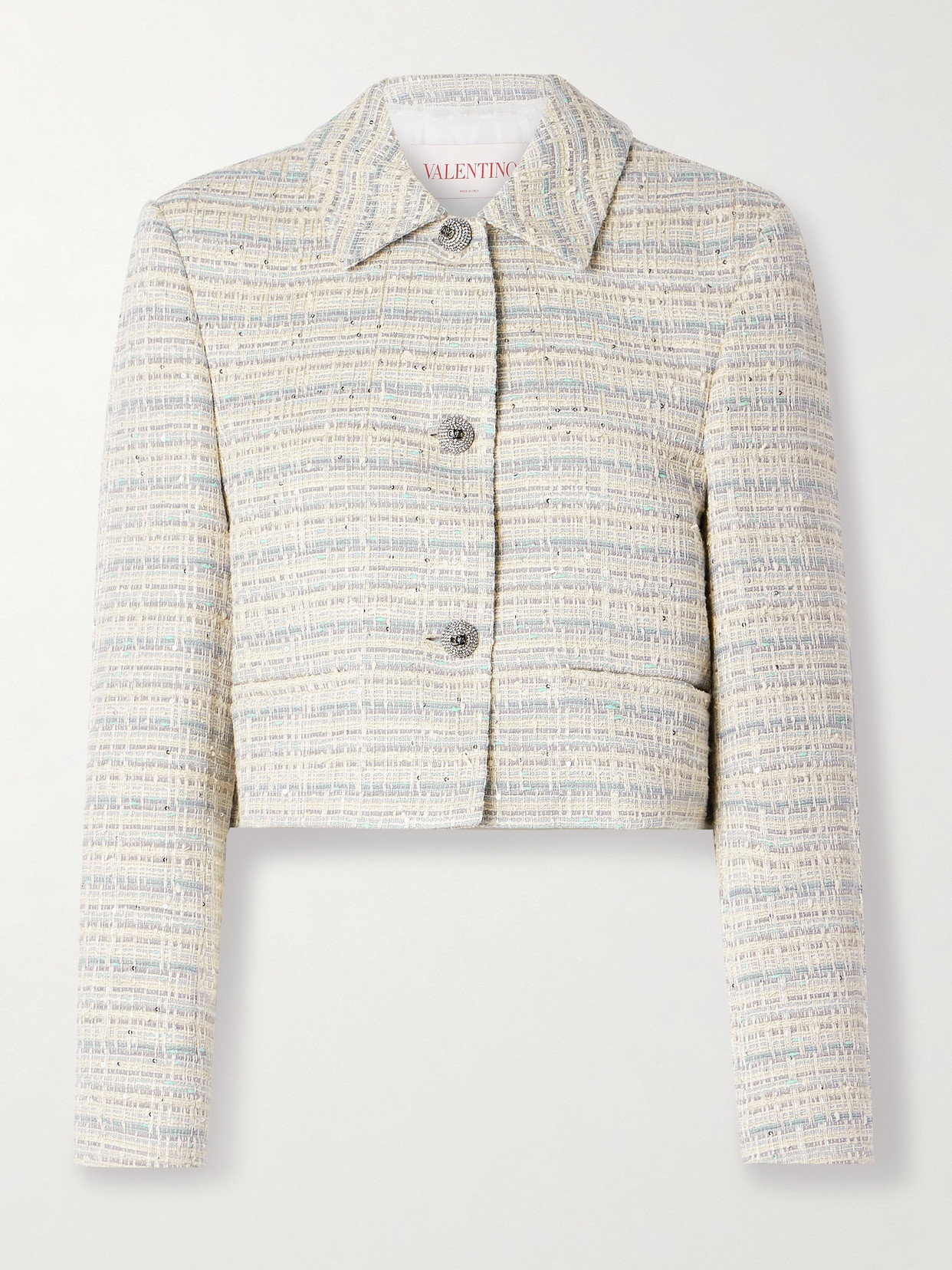 Valentino Cropped Embellished Cotton-blend Tweed Jacket In White