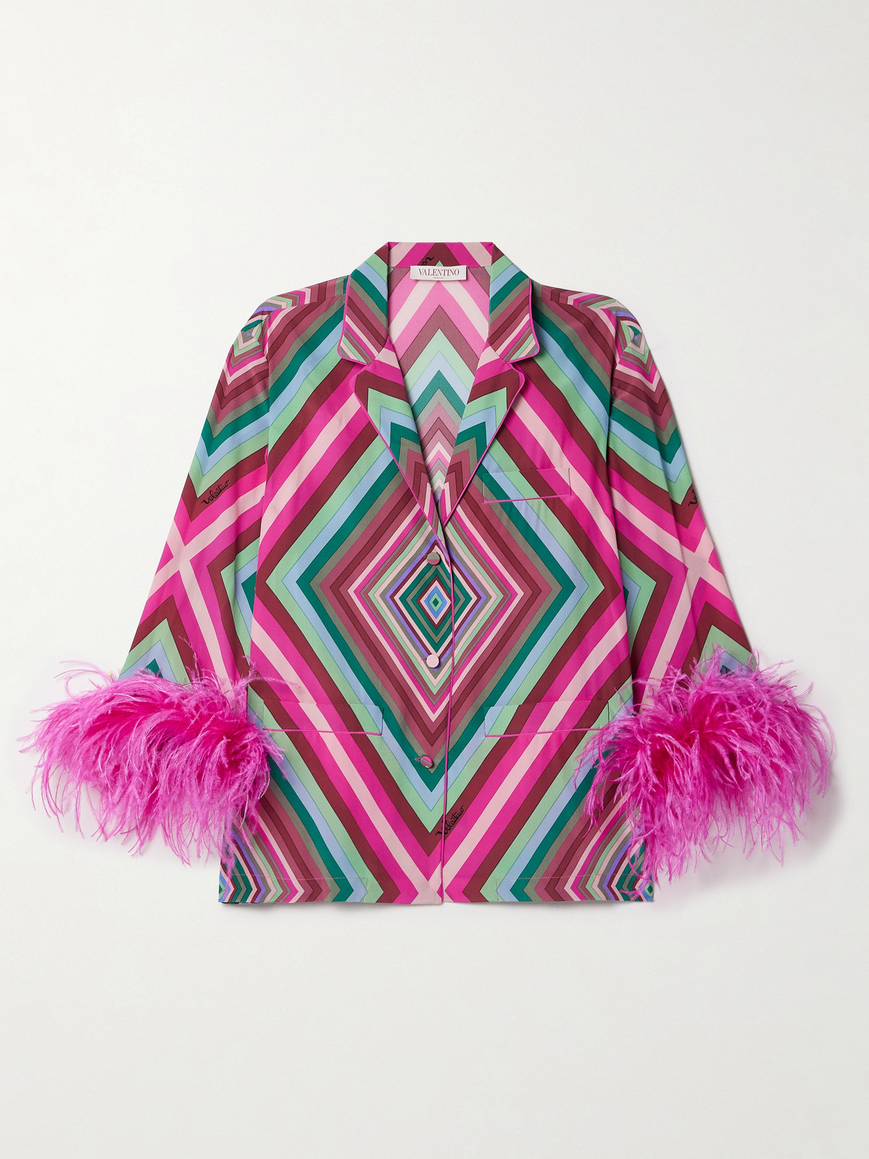 Valentino Feather-trimmed Printed Silk Crepe De Chine Shirt In Pink