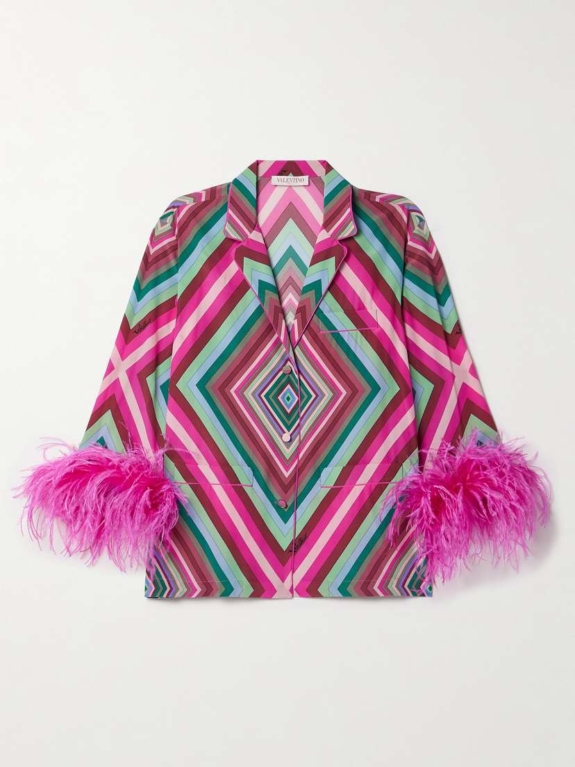 Valentino Garavani — Feather-trimmed printed silk crepe de chine shirt