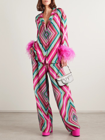 Valentino Garavani Feather-trimmed printed silk crepe de chine shirt