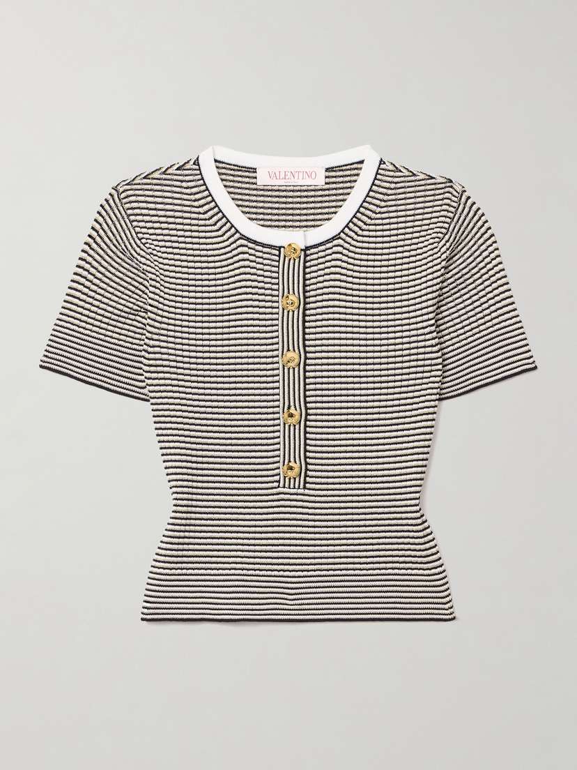 Valentino Garavani Cropped Metallic Striped Ribbed Cotton-blend Top