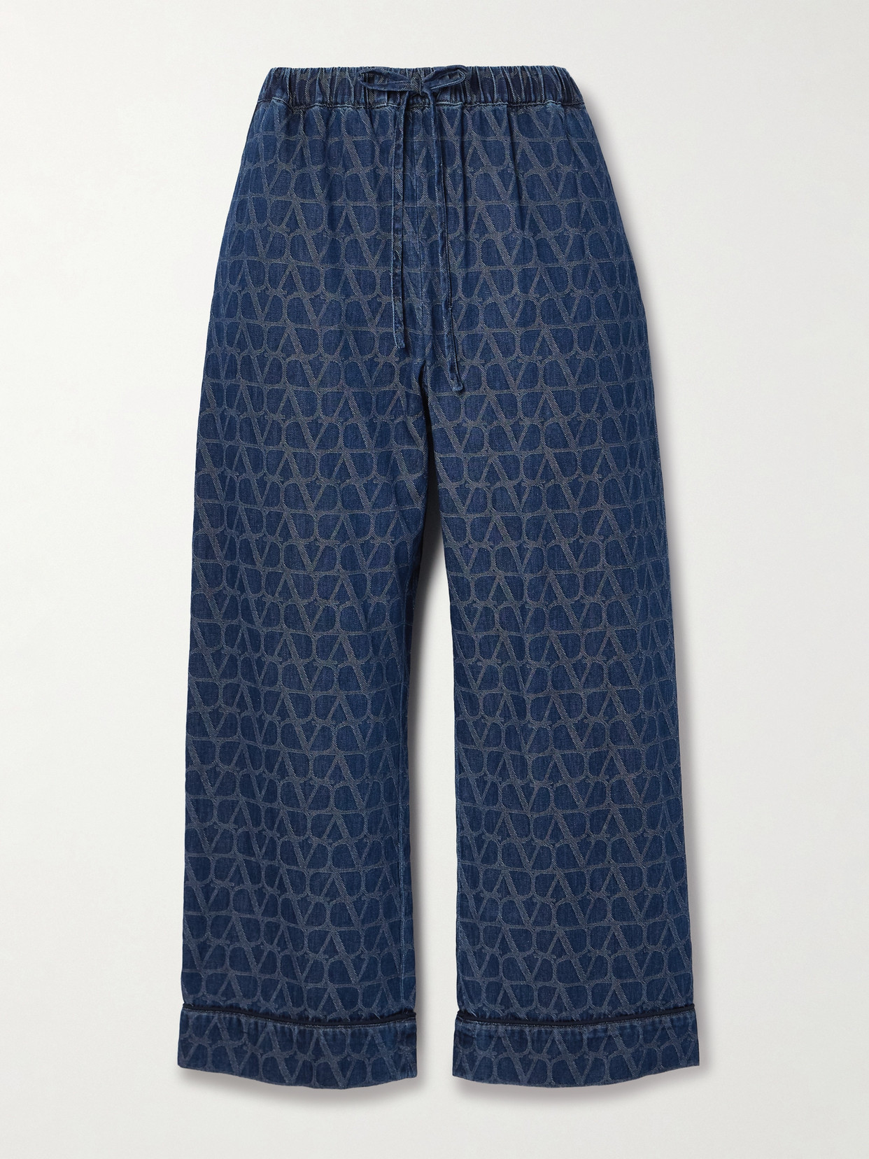 Valentino Cropped Denim-jacquard Wide-leg Trousers In Blue