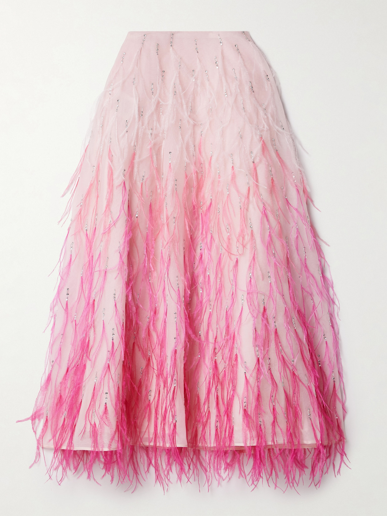 Valentino Garavani - Embellished Feather-trimmed Silk-organza Midi Skirt - Pastel pink