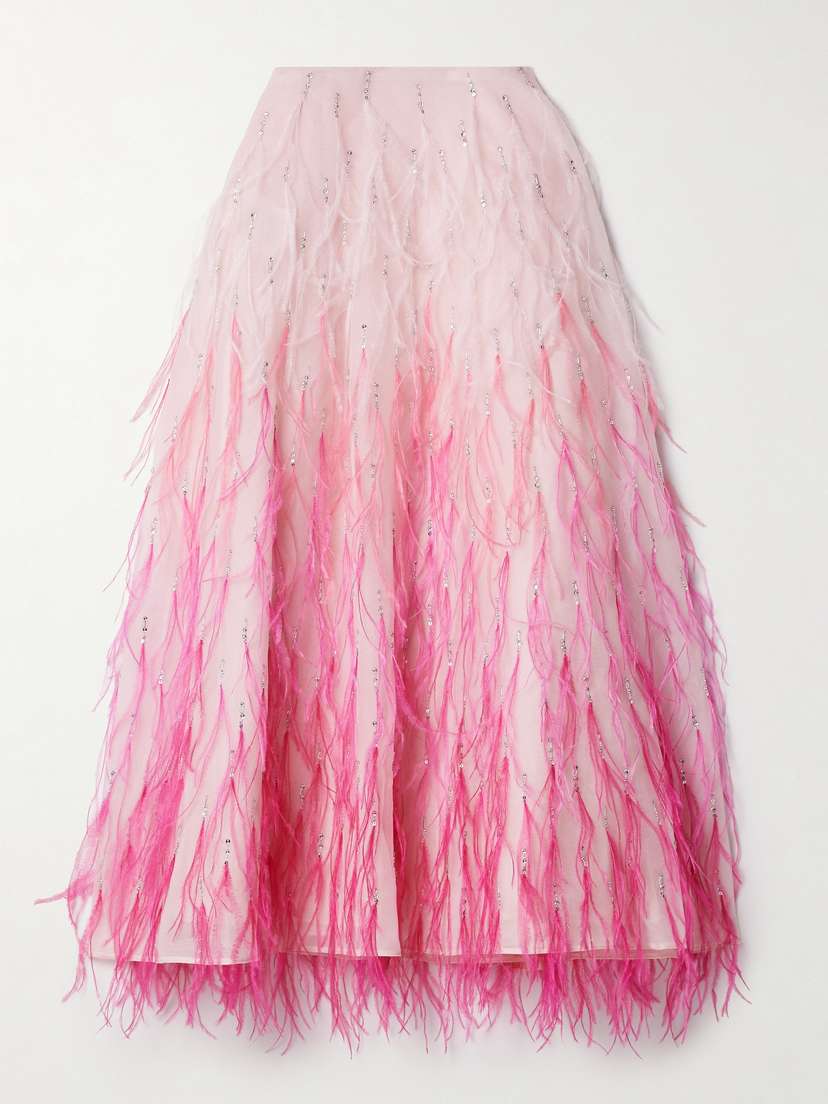 Valentino Garavani Embellished Feather-trimmed Silk-organza Midi Skirt