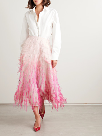 Valentino Garavani Embellished feather-trimmed silk-organza midi skirt
