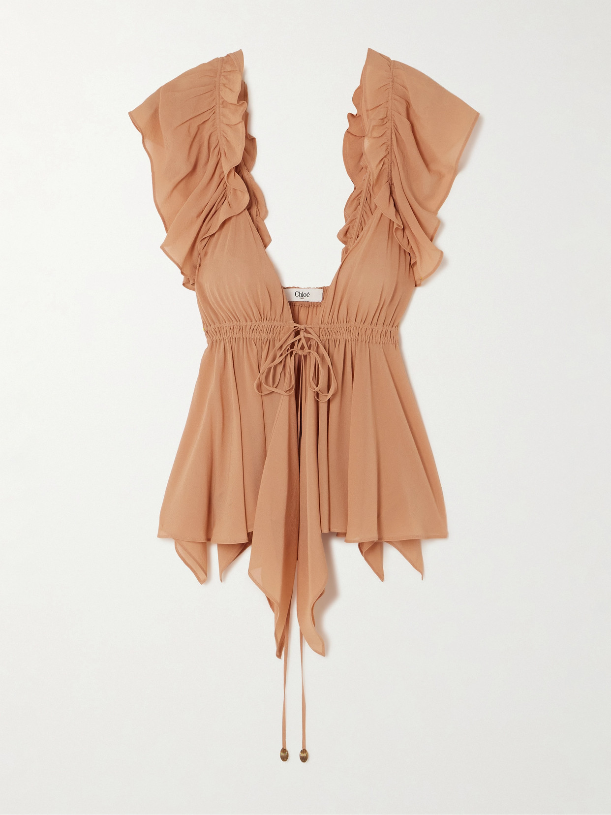 Chloé Beige Top With Gatherings And V Neck In Silk Georgette Woman In Pink
