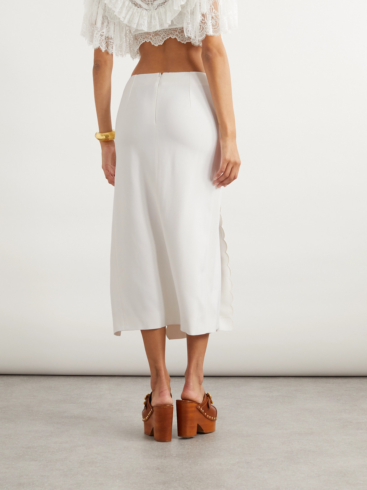 Chloé Scalloped Twill Midi Skirt In White
