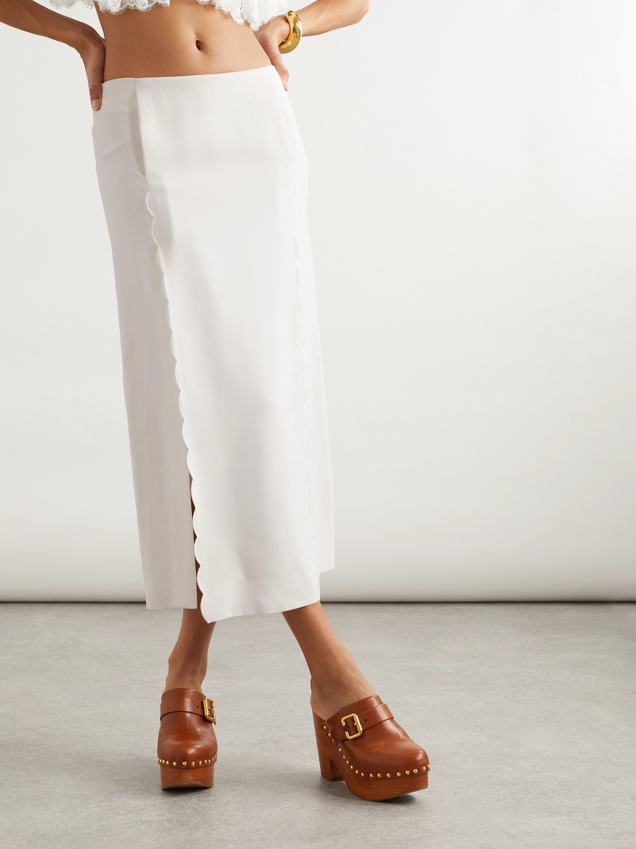 Chloé Scalloped Twill Midi Skirt In White