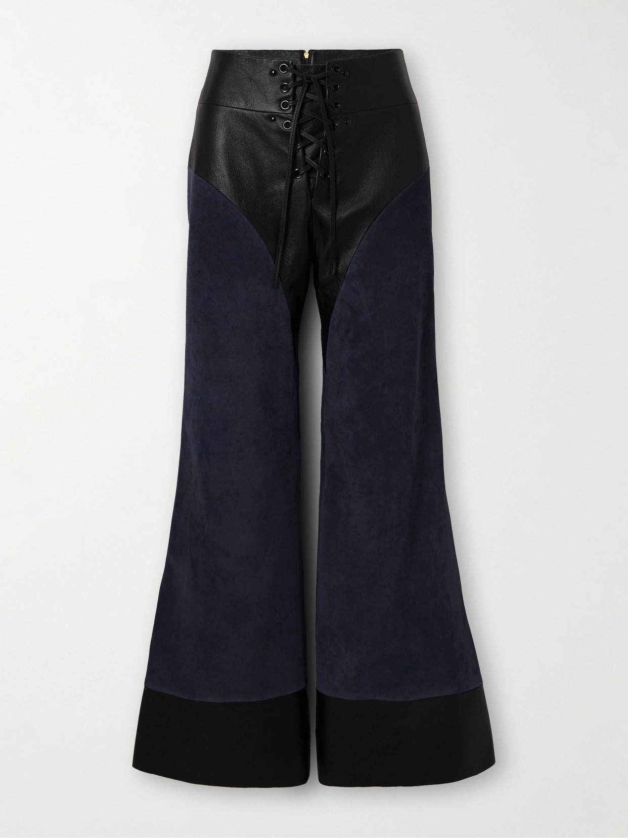 Chloé Lace-up Paneled Leather And Suede Flared Pants In Blue