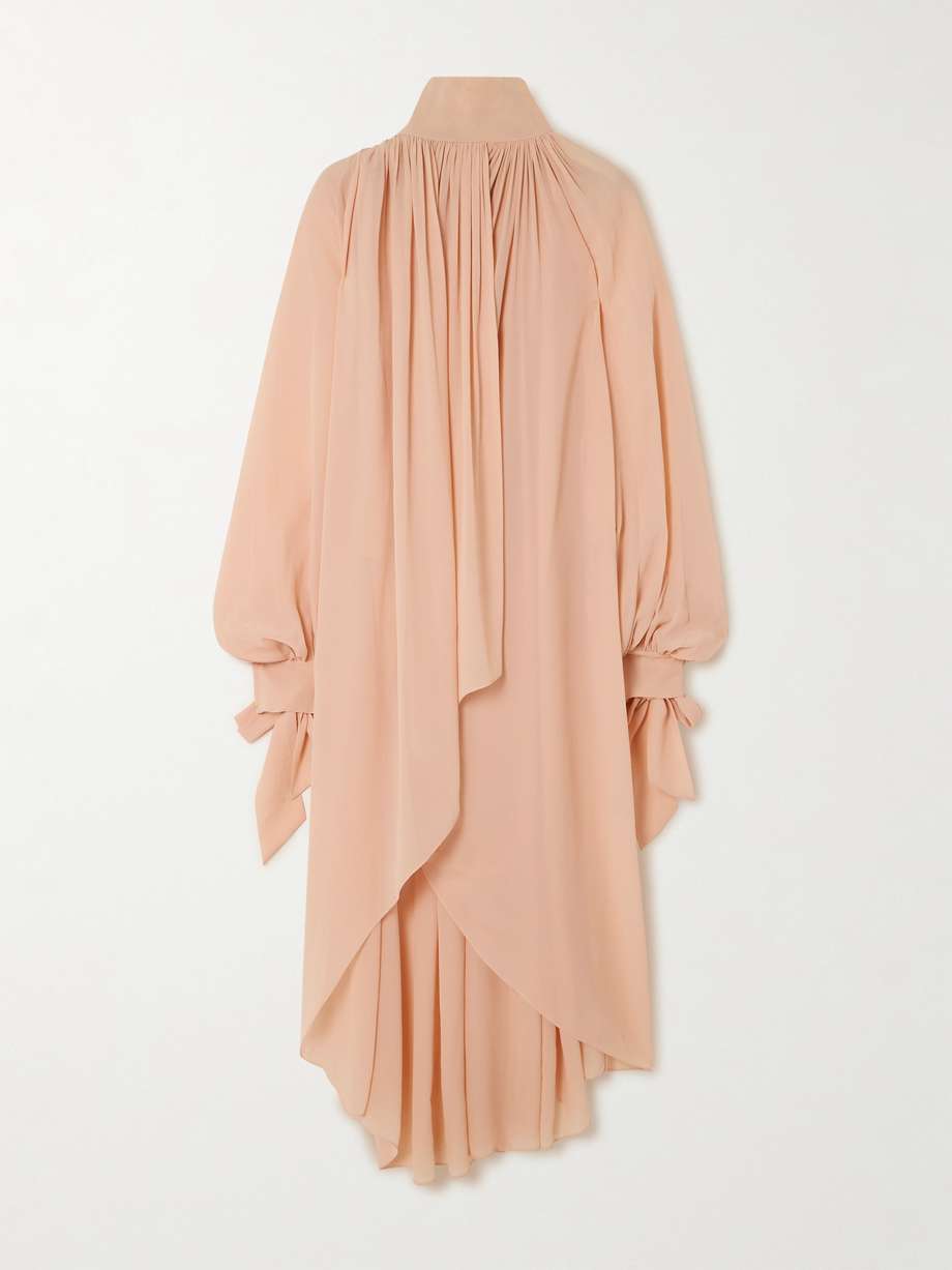 wrap-effect asymmetric gathered silk-georgette turtleneck midi dress