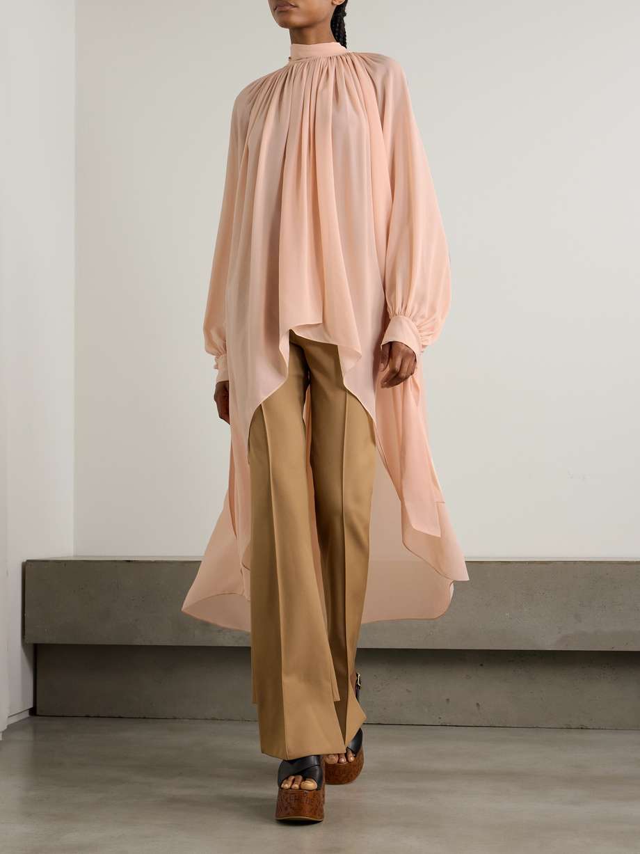 wrap-effect asymmetric gathered silk-georgette turtleneck midi dress