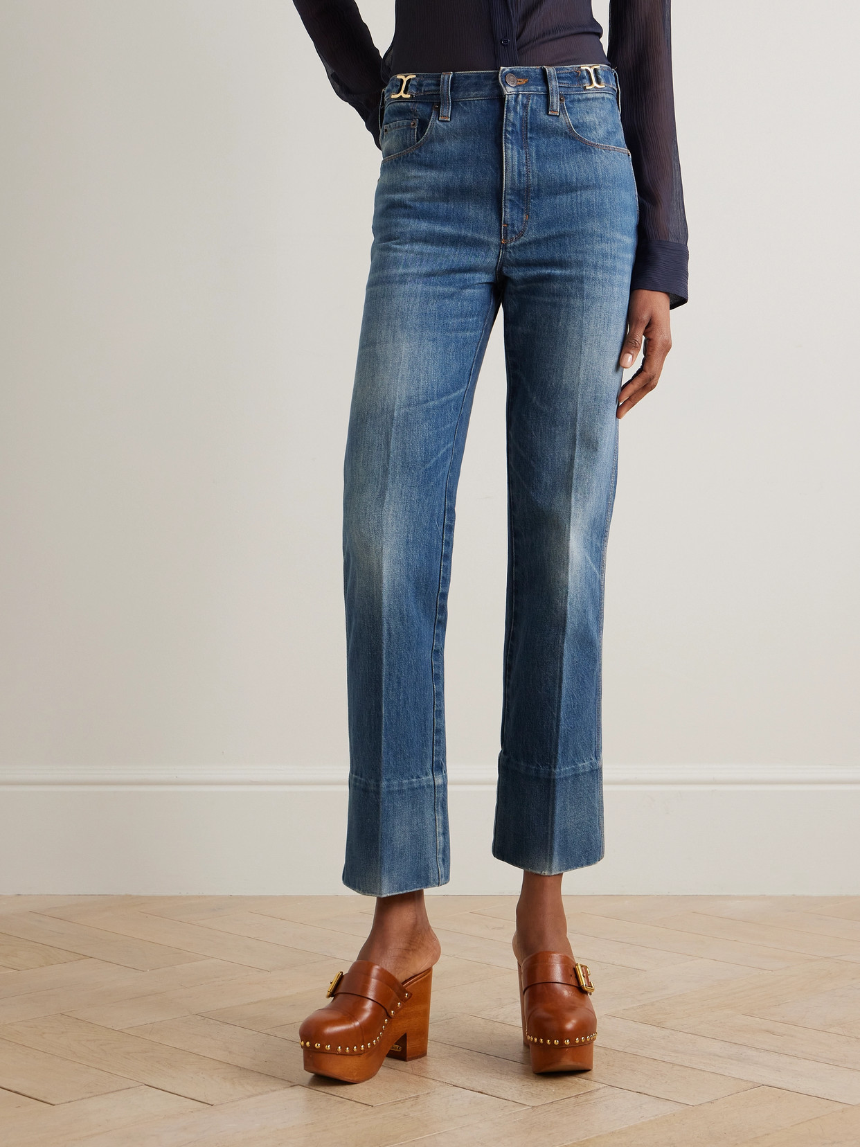 Chloé Embellished Mid-rise Straight-leg Organic Jeans In Blue