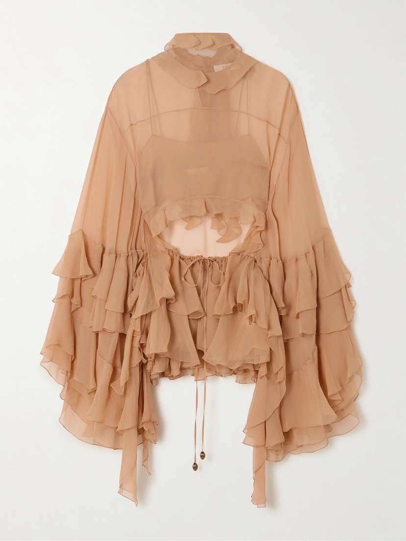 Chloé Cutout Ruffled Silk-crepon Turtleneck Blouse