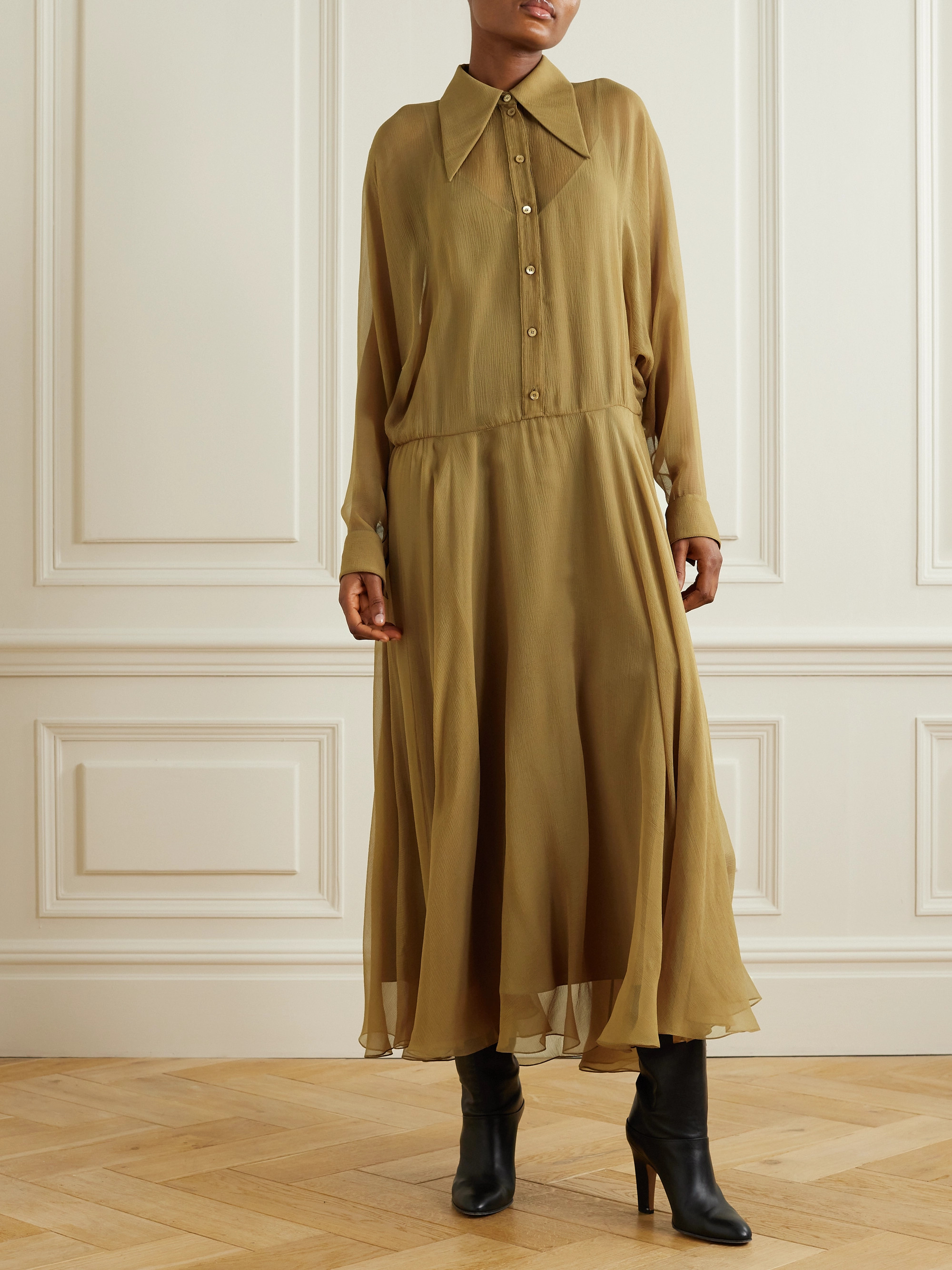 Chlo - Pleated organic silk-mousseline midi shirt dress | Plush
