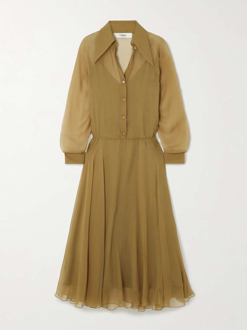 Chloé Pleated Organic Silk-mousseline Midi Shirt Dress