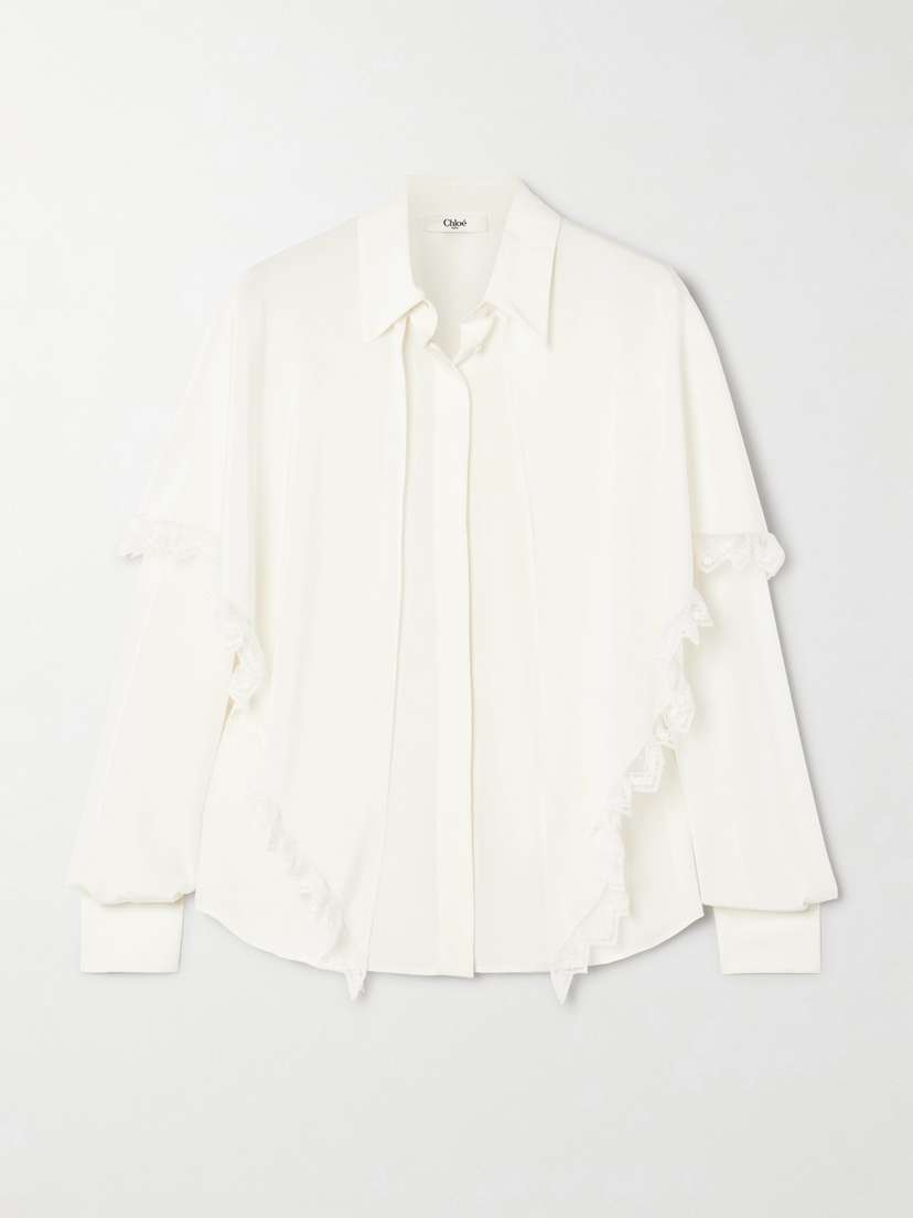 Chloé Lace-trimmed Draped Layered Silk-crepe De Chine Shirt