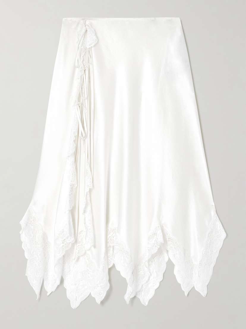 Chloé Asymmetric Tie-detailed Lace-trimmed Silk-satin Midi Skirt
