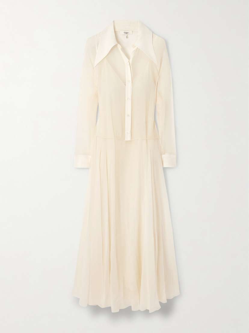 Chloé Pleated Organic Silk-mousseline Midi Shirt Dress