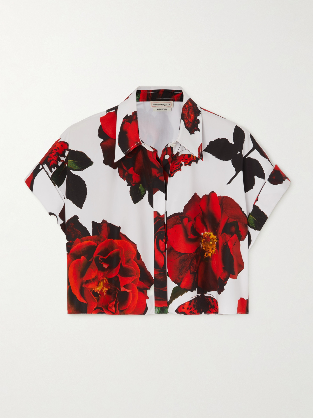 Shop Alexander Mcqueen Cropped Floral-print Cotton-poplin Shirt In White