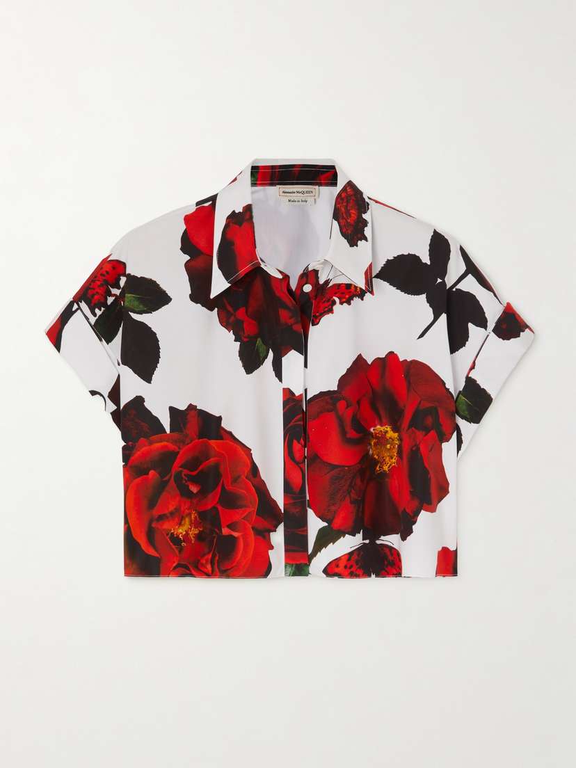 Alexander McQueen Cropped Floral-print Cotton-poplin Shirt