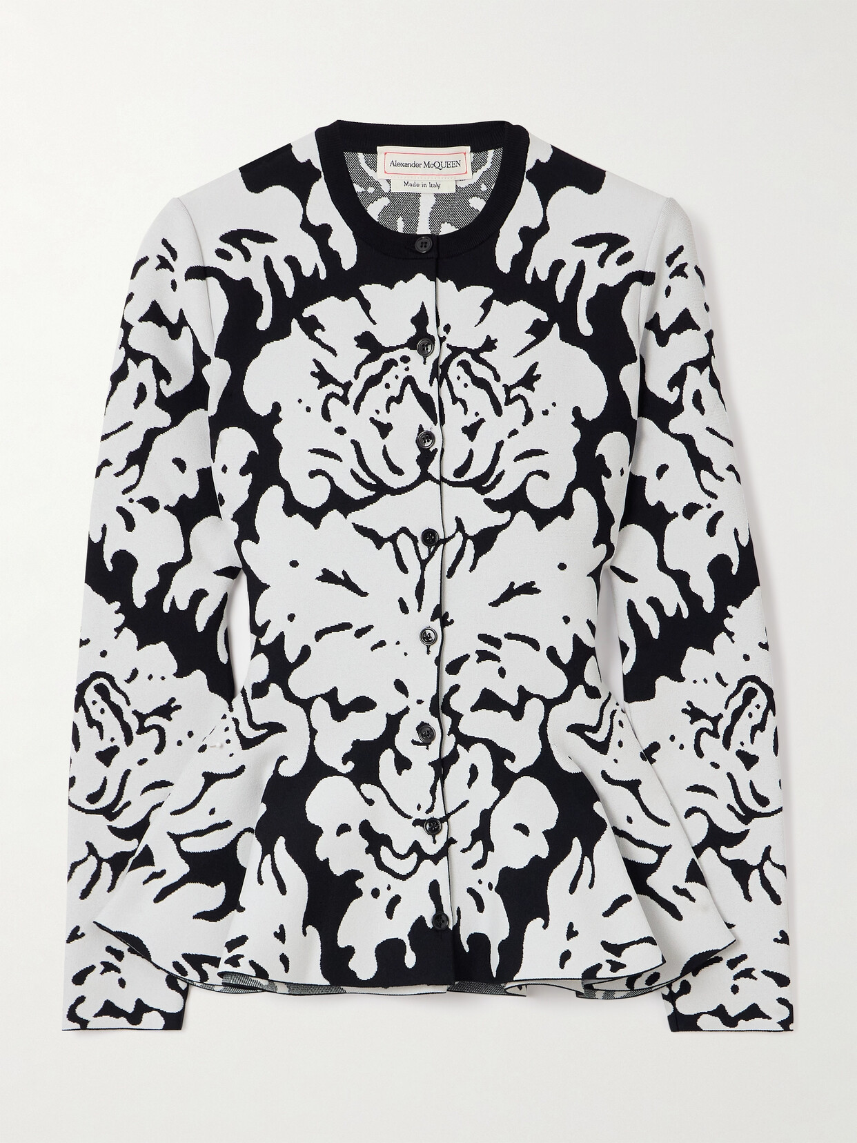 Alexander Mcqueen Abstract-jacquard Peplum Cardigan In White