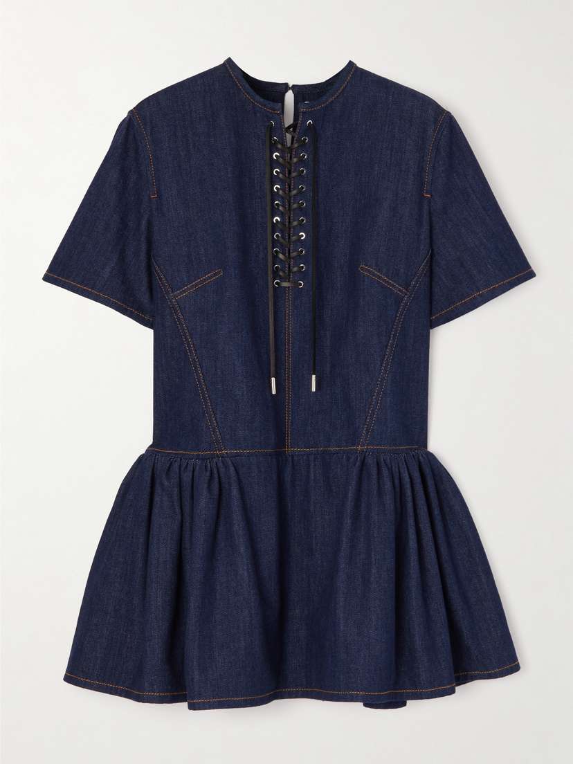 Alexander McQueen Tiered Lace-up Topstitched Denim Mini Dress