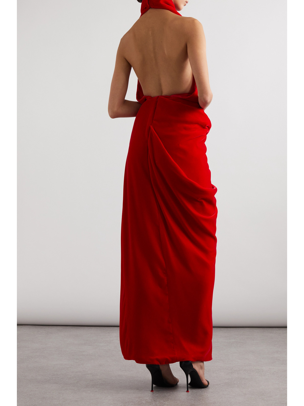 Shop Alexander Mcqueen Open-back Draped Velvet Halterneck Maxi Dress In Red