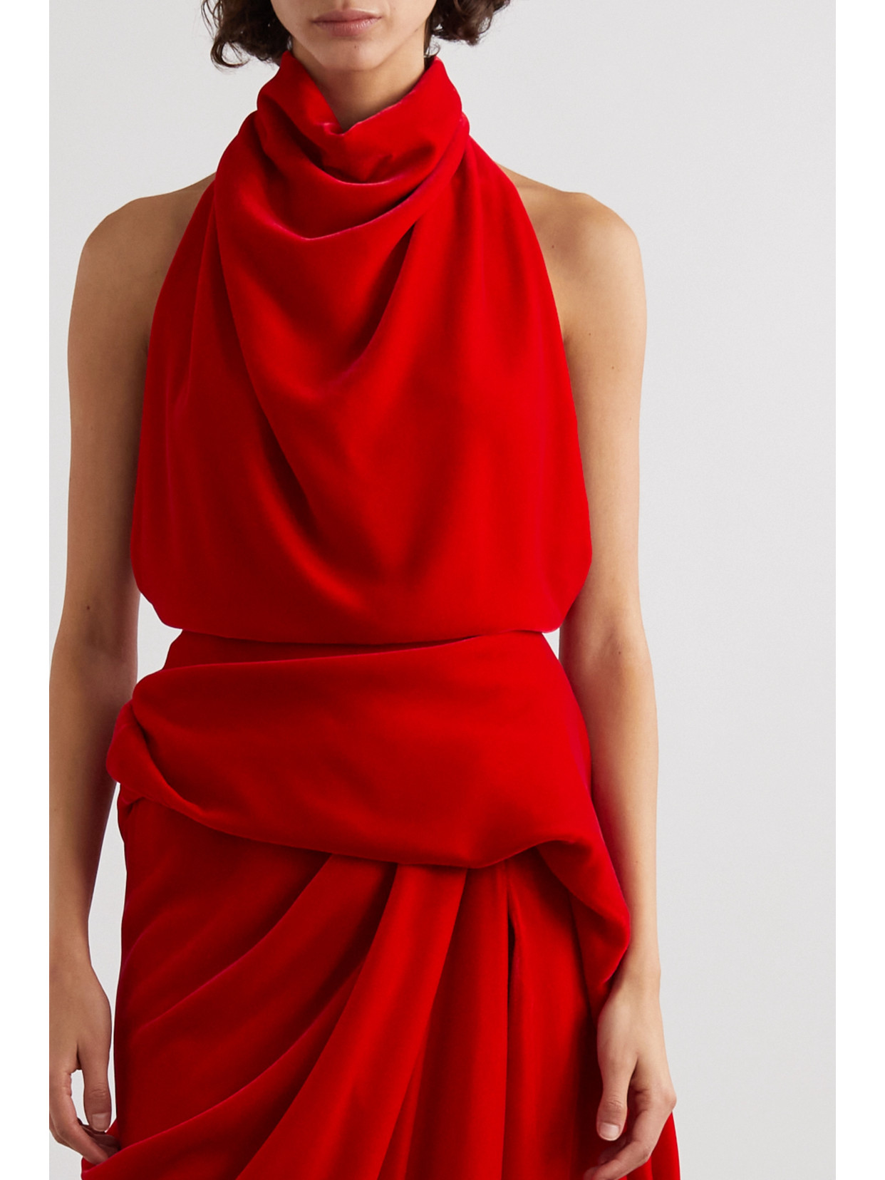 Shop Alexander Mcqueen Open-back Draped Velvet Halterneck Maxi Dress In Red