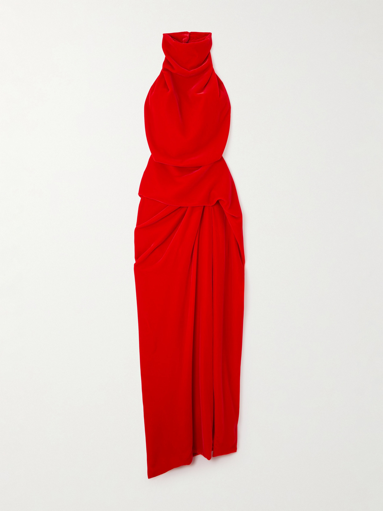 Shop Alexander Mcqueen Open-back Draped Velvet Halterneck Maxi Dress In Red