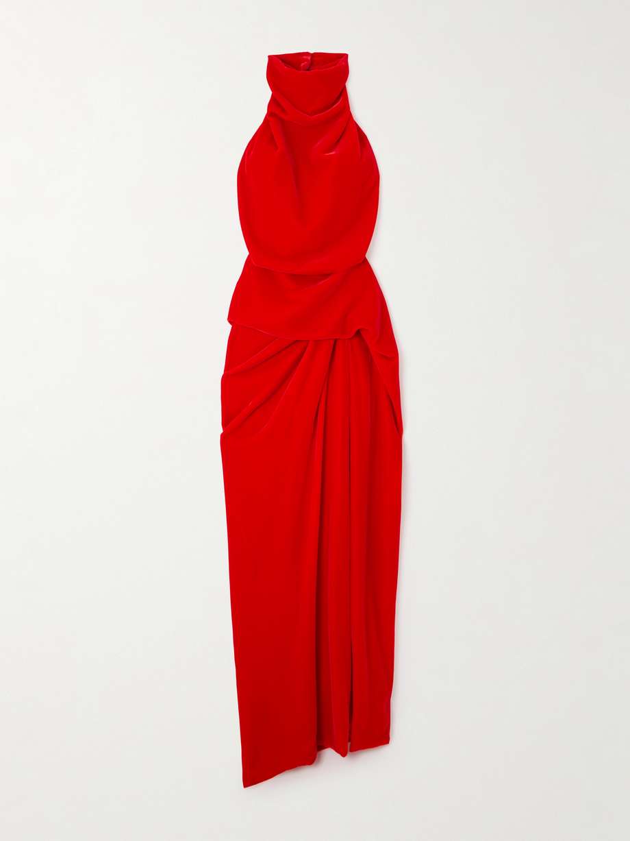 open-back draped velvet halterneck maxi dress