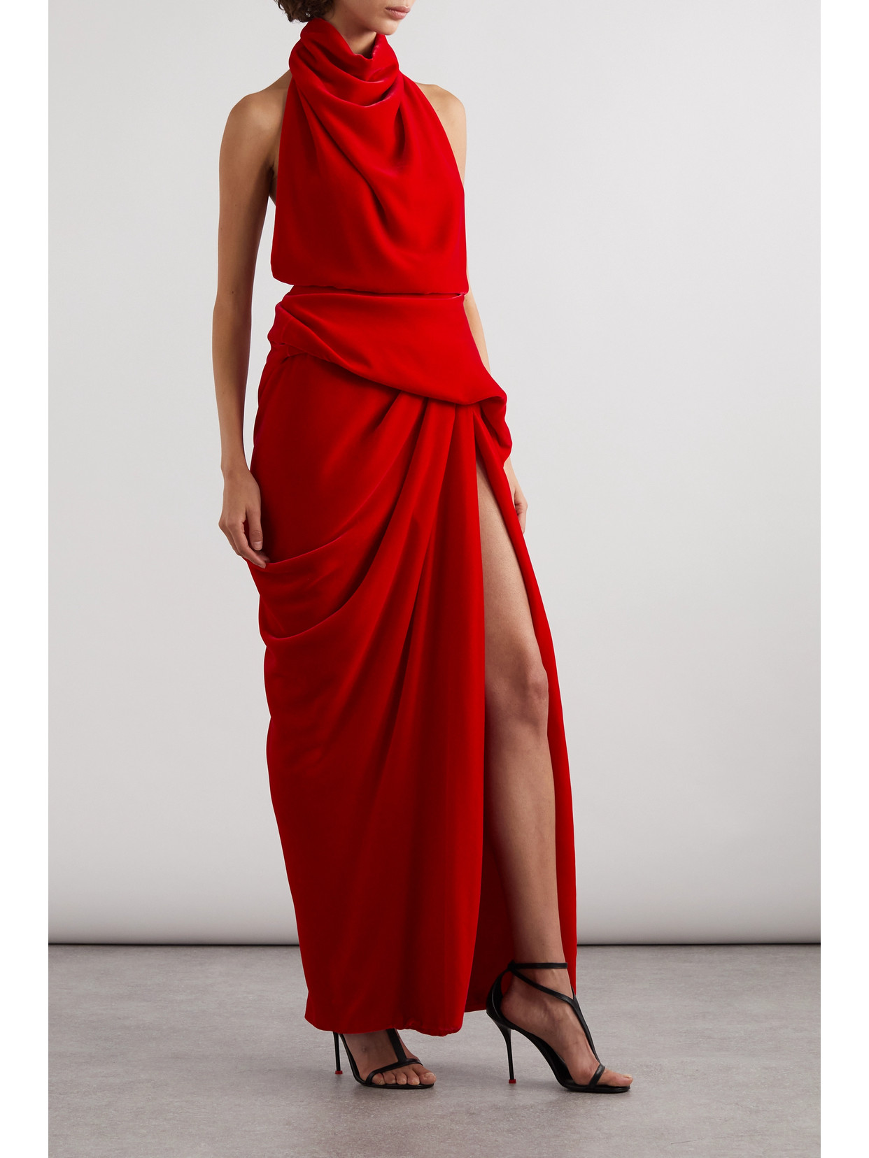 Shop Alexander Mcqueen Open-back Draped Velvet Halterneck Maxi Dress In Red