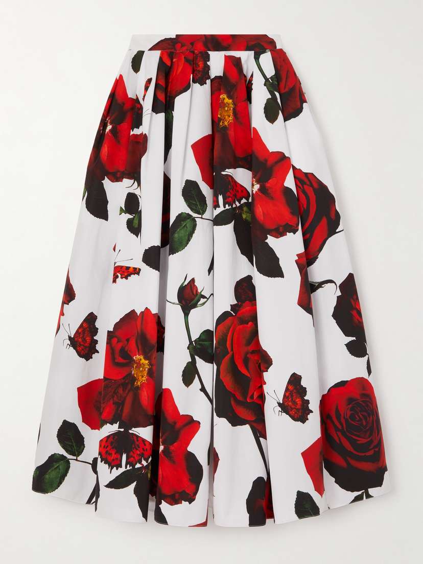 Alexander McQueen Pleated Floral-print Cotton-poplin Midi Skirt