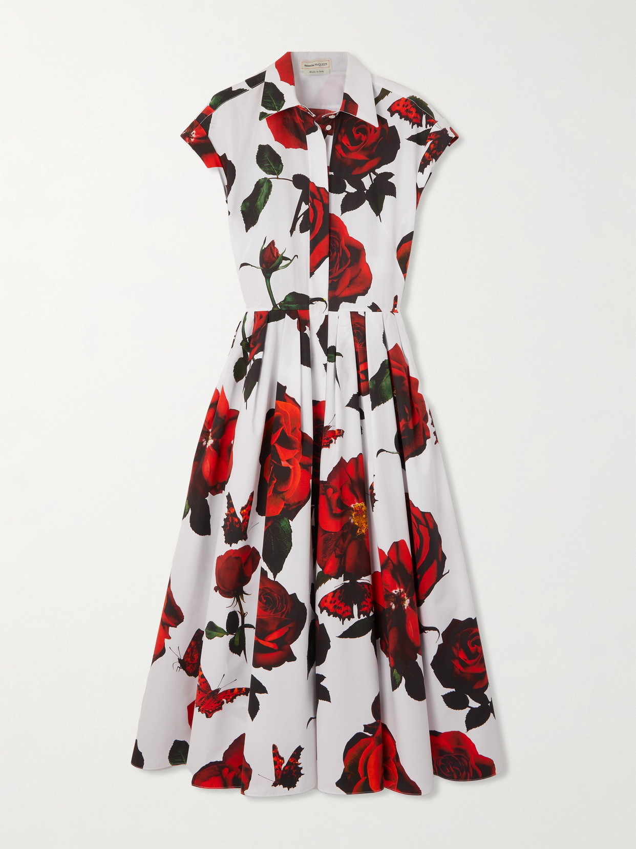 ALEXANDER MCQUEEN PLEATED FLORAL-PRINT COTTON-POPLIN MIDI SHIRT DRESS